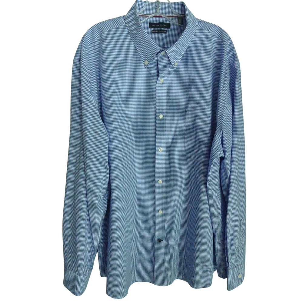 Tommy Hilfiger Mens 2XL Blue Gingham Wrinkle Free Regular Fit Button Down Shirt